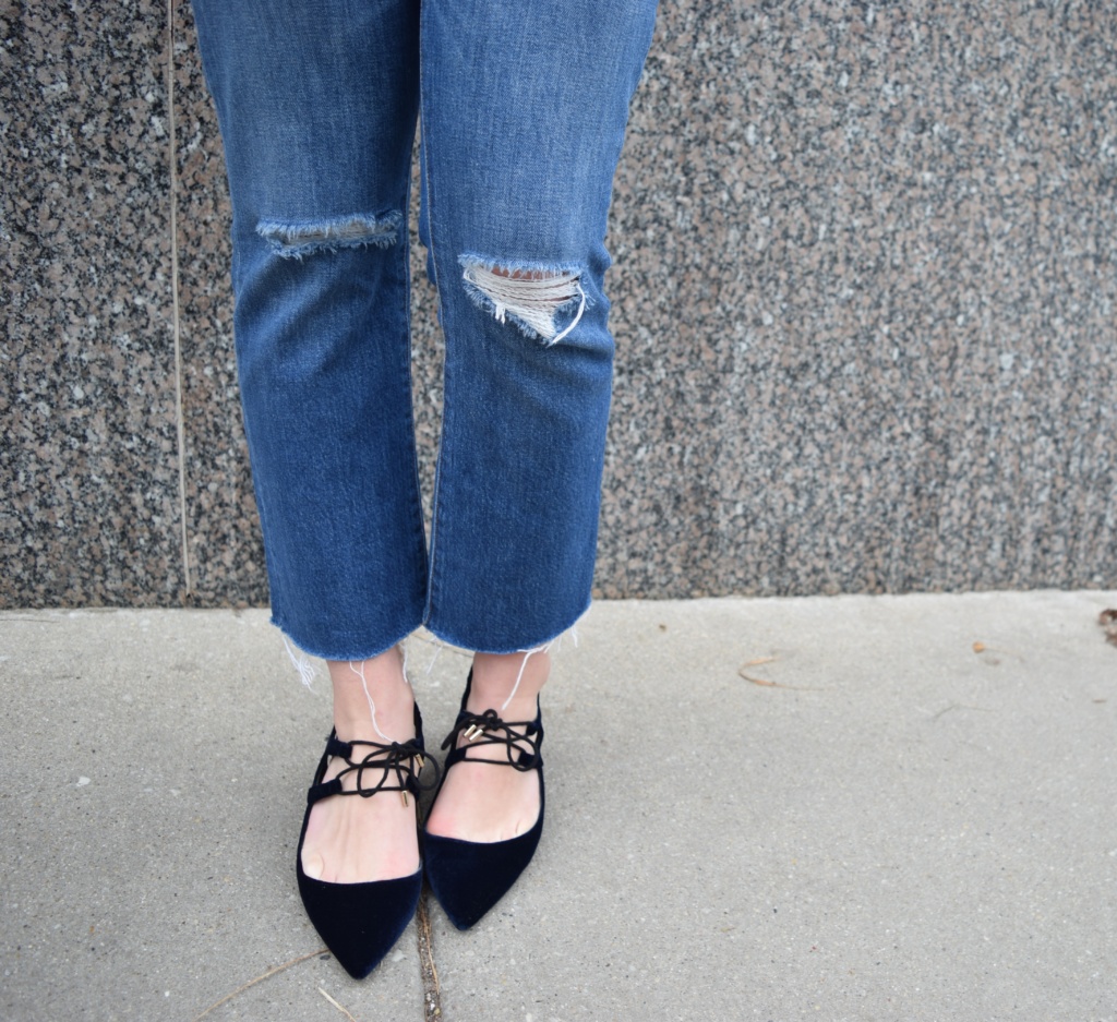 Ladylike heels with distrssed jeans for a casual & classic look